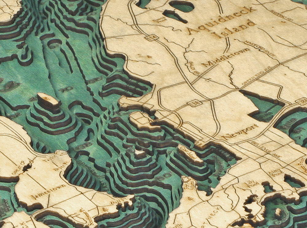 Topography Details of Narragansett and Newport, Rhode Island Map on 3-D Nautical Wood Chart