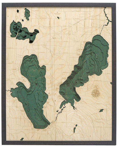 Burt and Mullett Lake wood chart map made using green and natural wood on white background with dark frame