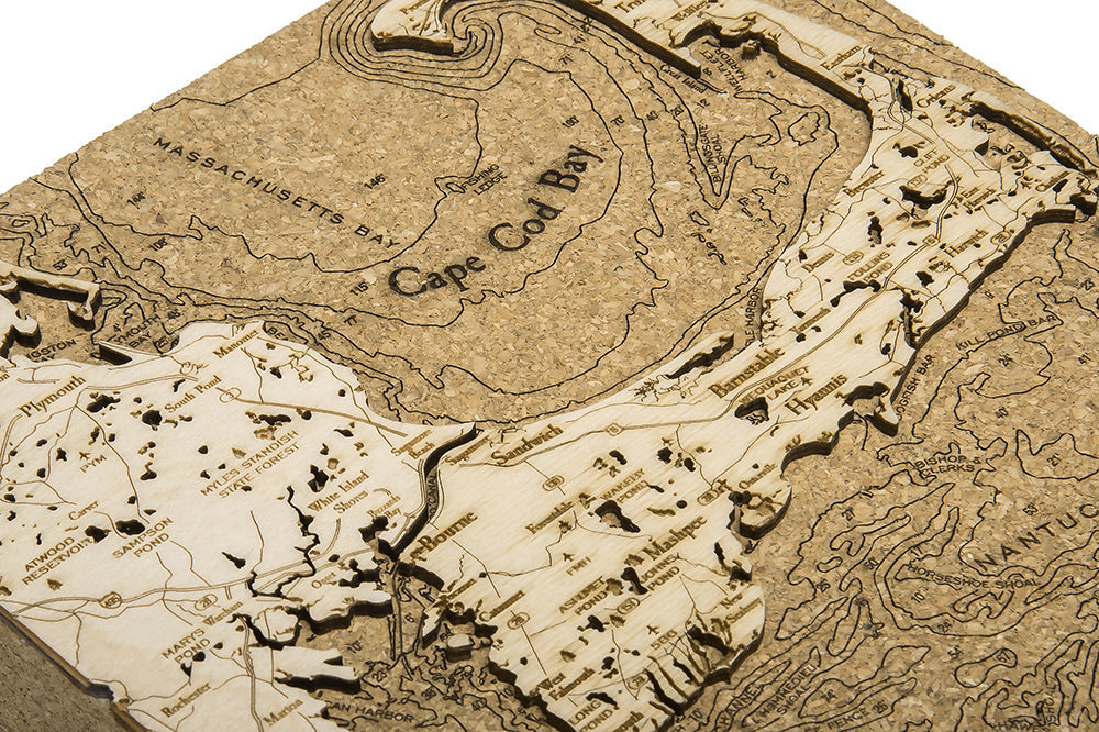 Cape Cod cork map up close on white background