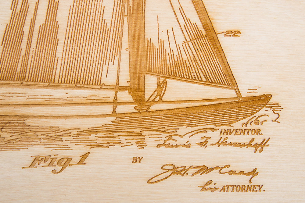 Wood Engraved Details of Sailboat Patent Art