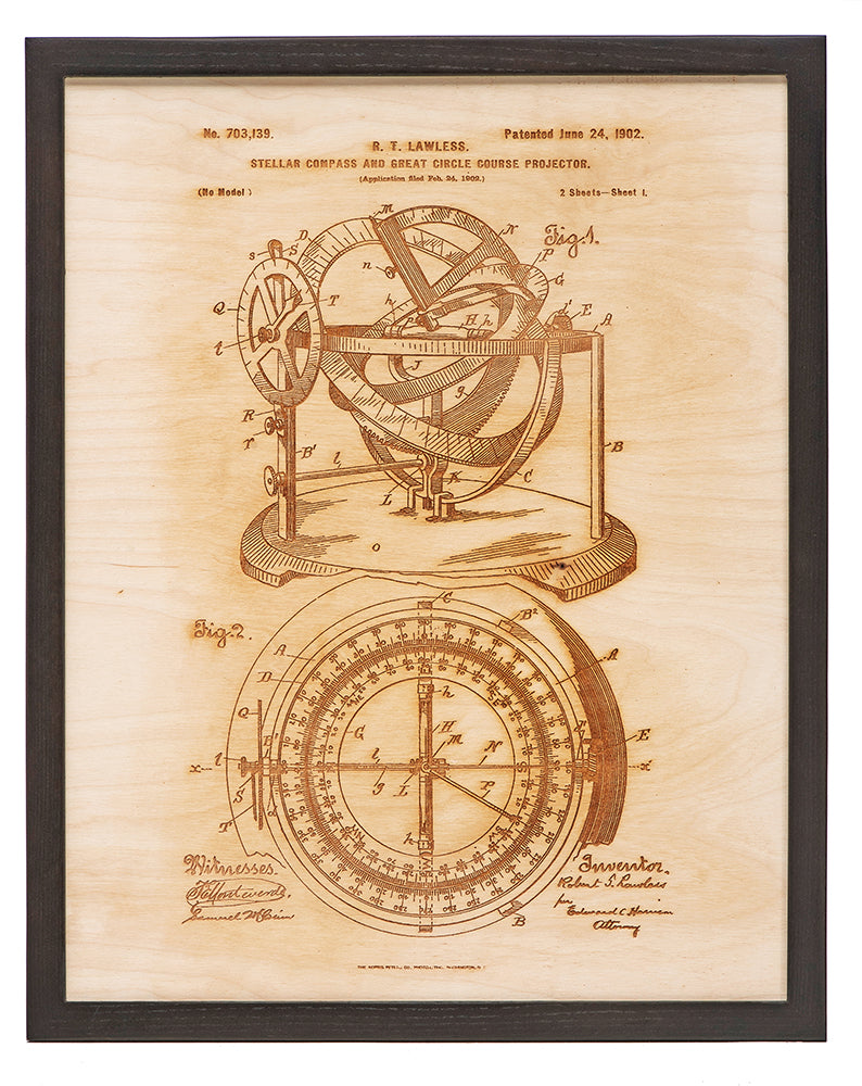 Laser Cut Wood Compass Patent Art