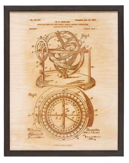 Laser Cut Wood Compass Patent Art