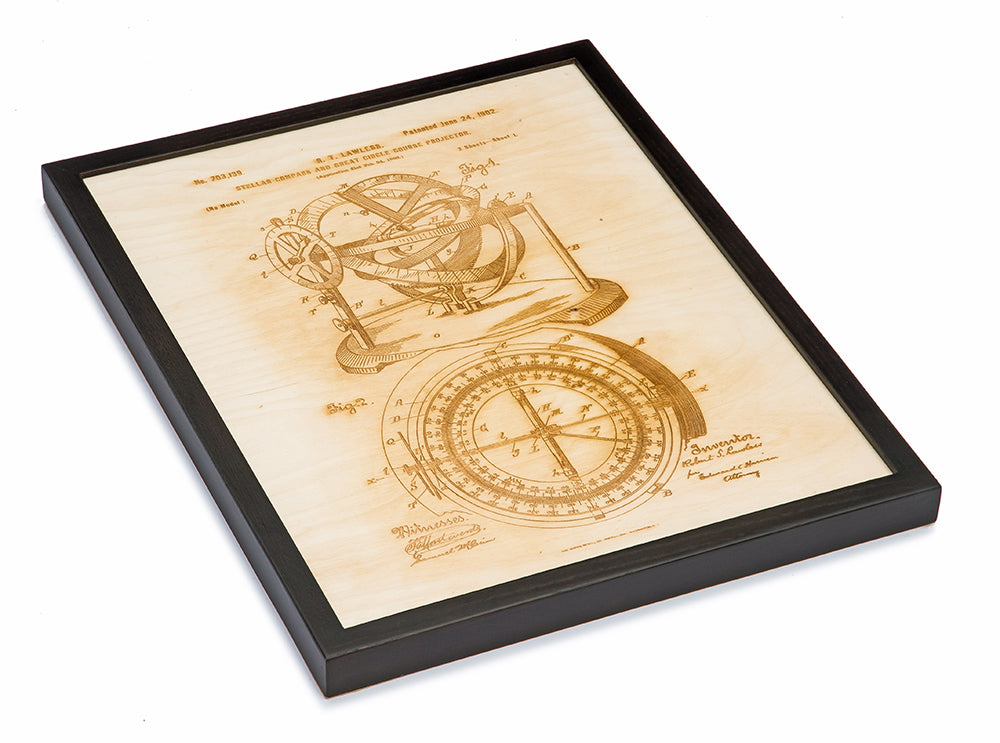 Laser Cut Wood Compass Patent Art in Frame
