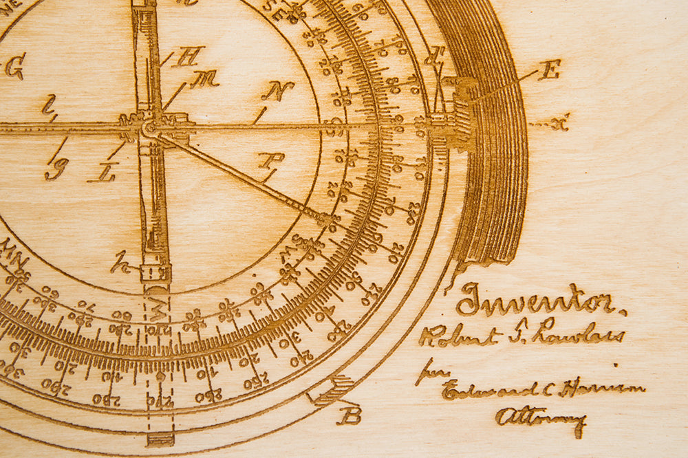 Engraved Details of Laser Cut Wood Compass Patent Art