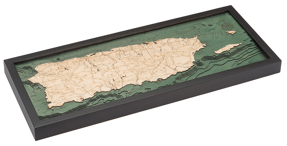 Island of Puerto Rico Map 3-D Nautical Wood Chart in Dark Frame