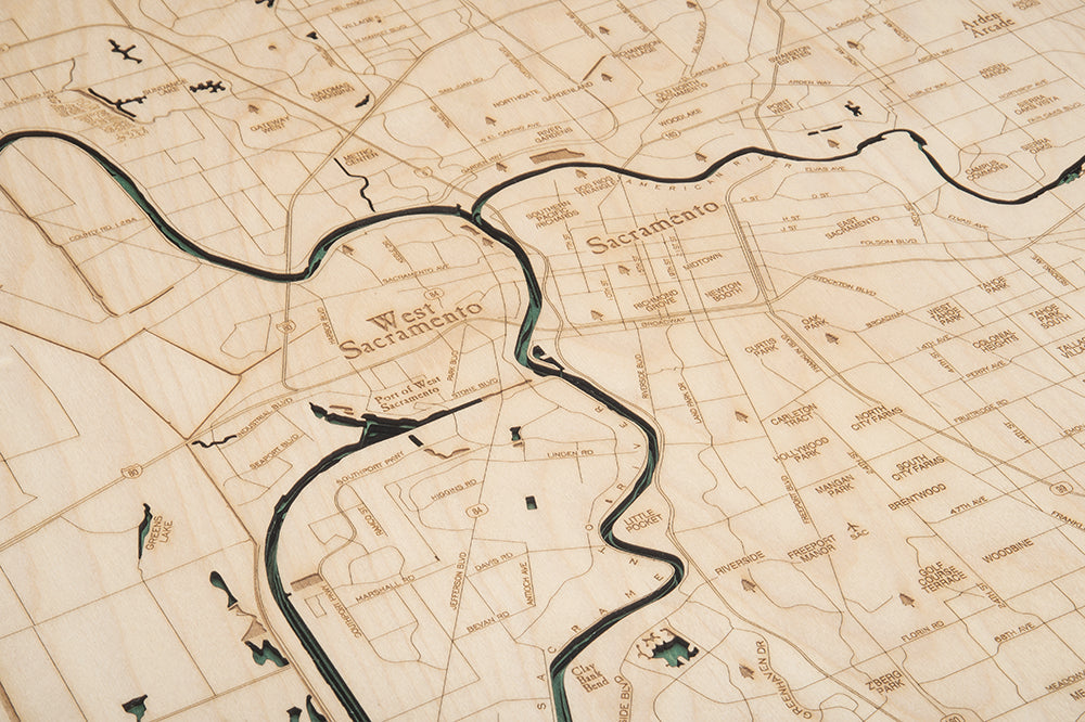 Laser Engraved Details on Map of Sacramento, California 3-D Nautical Wood Chart