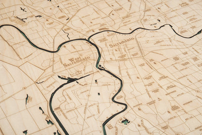 Laser Engraved Details on Map of Sacramento, California 3-D Nautical Wood Chart