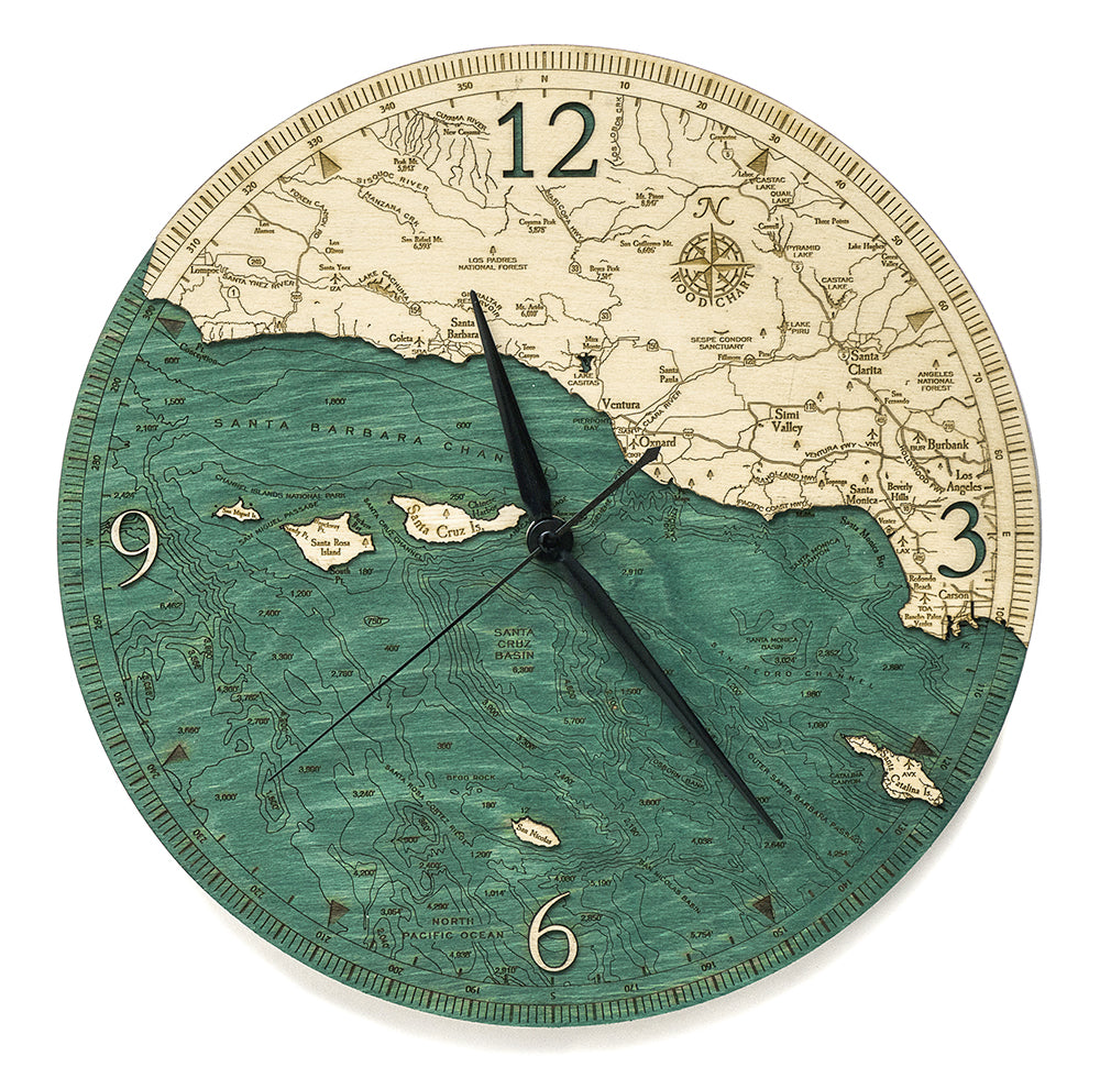 Map of Santa Barbara / Channel Islands, California Wood Clock