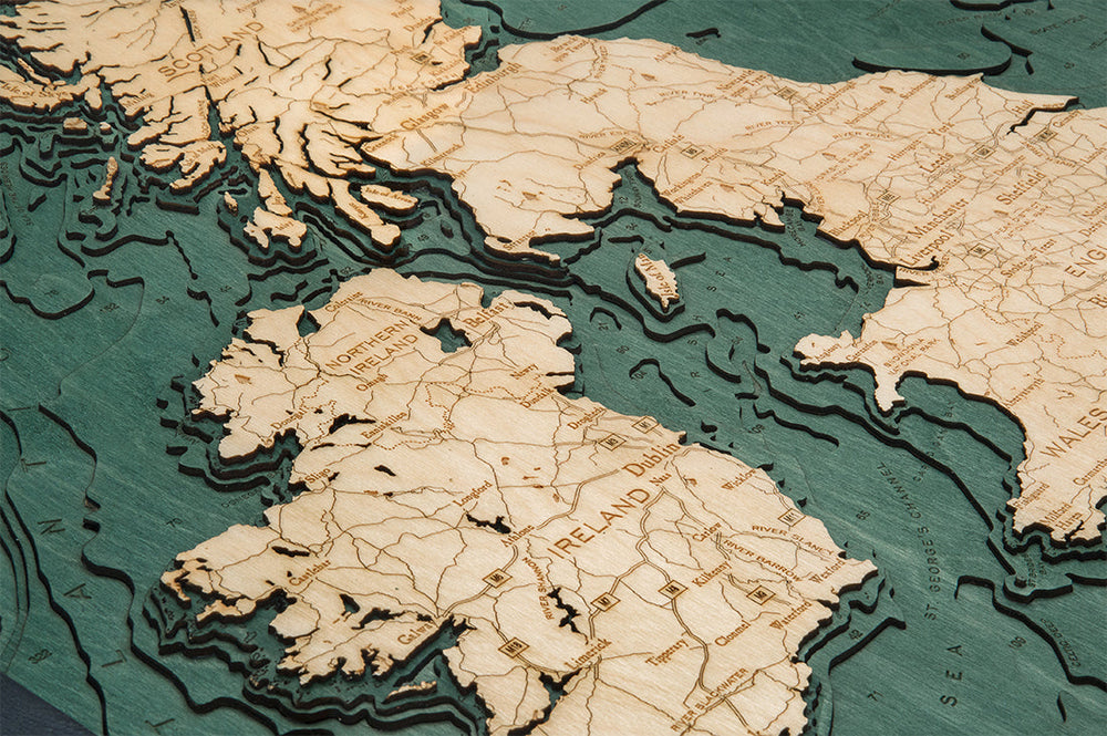Topography Details on Map of United Kingdom 3-D Nautical Wood Chart