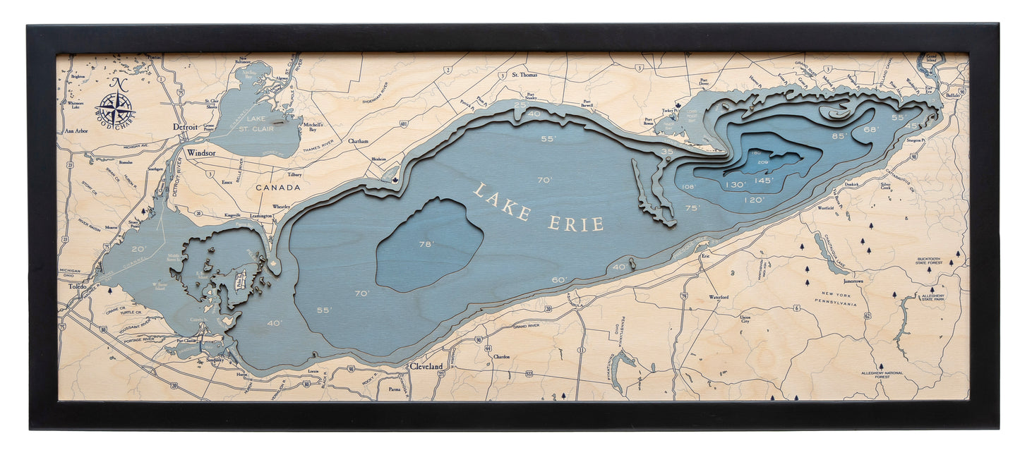 Lake Erie, UV Nautical Wood Chart, Medium, 13.5" x 31"