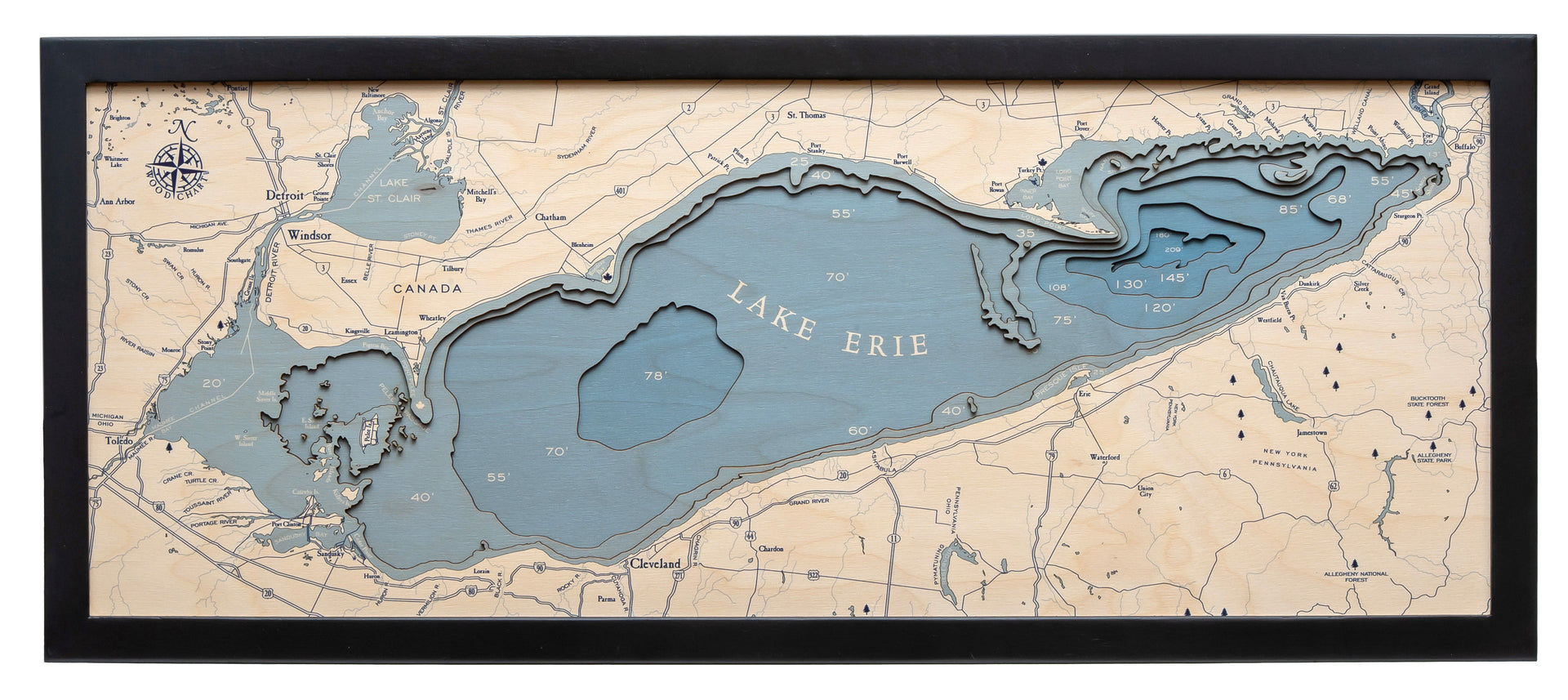 Lake Erie, UV Nautical Wood Chart, Medium, 31" x 13"