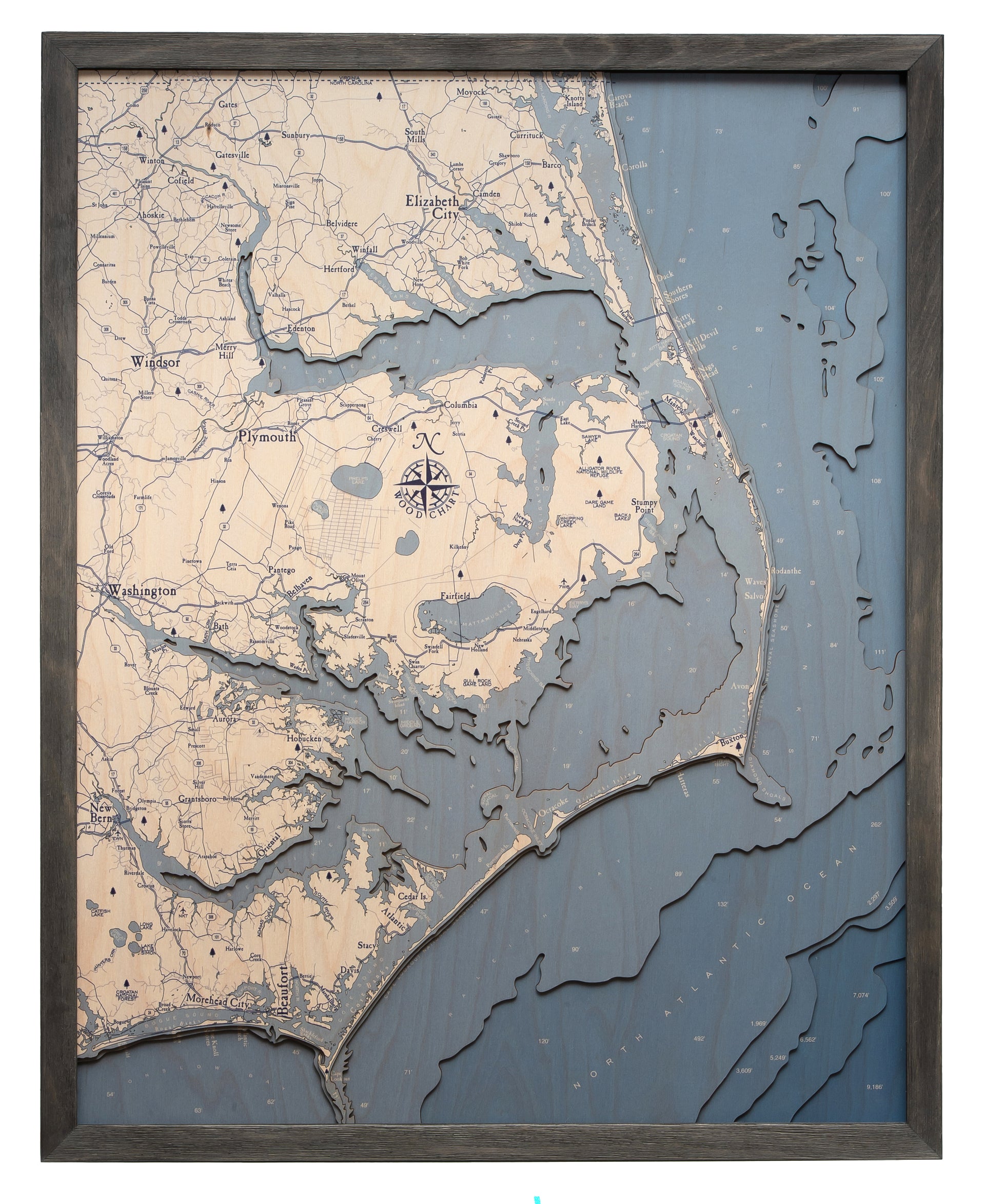 Outer Banks, North Carolina UV Nautical Wood Chart, Large, 24.5" x 31"