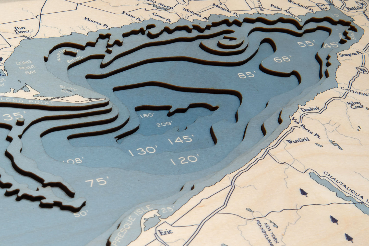 Lake Erie, UV Nautical Wood Chart, Medium, 13.5" x 31"