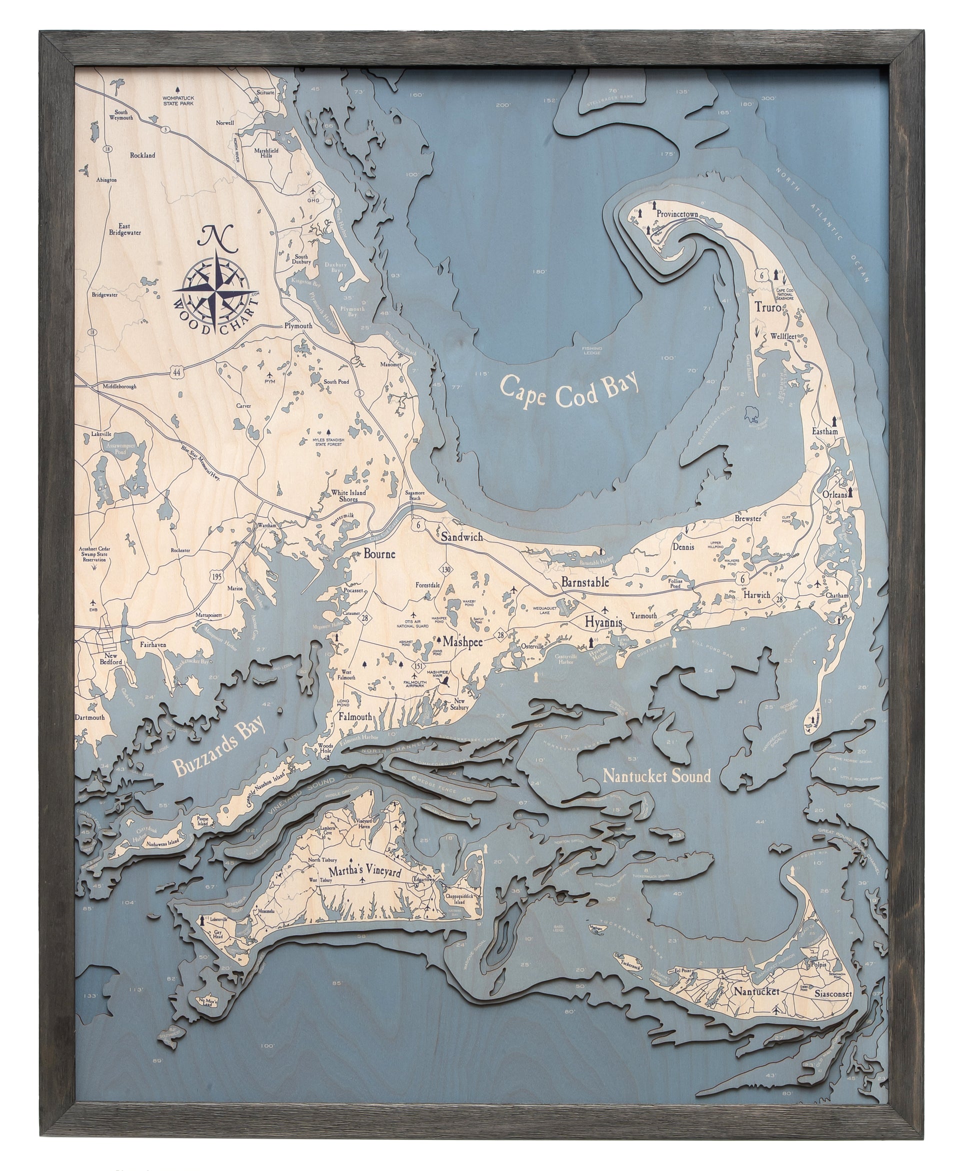 Cape Cod, Massachusetts UV Nautical Wood Chart, Large, 24.5" x 31"