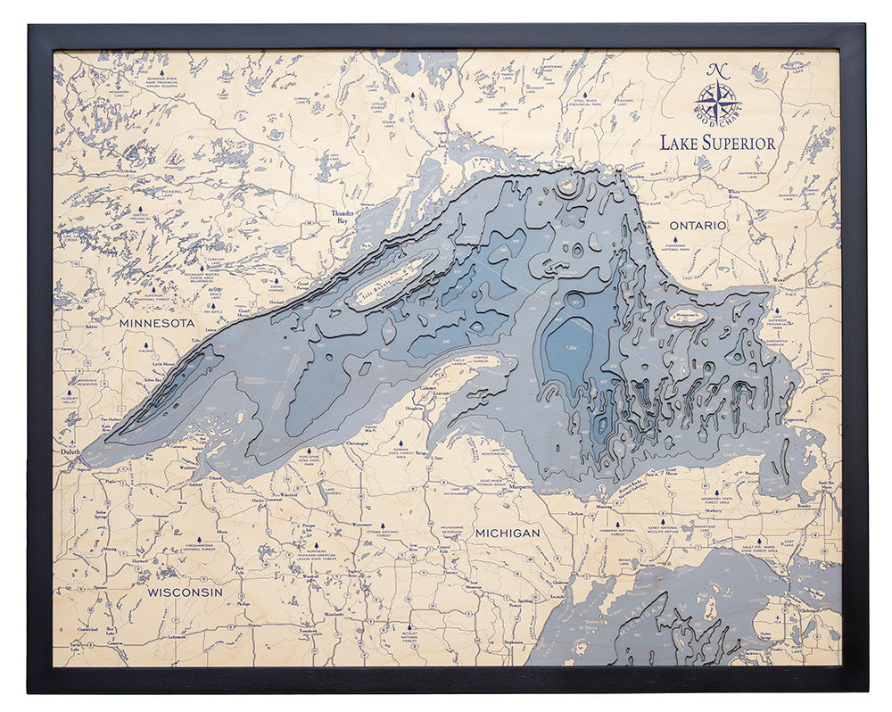 Lake Superior UV Nautical Wood Chart, Large, 24.5" x 31"