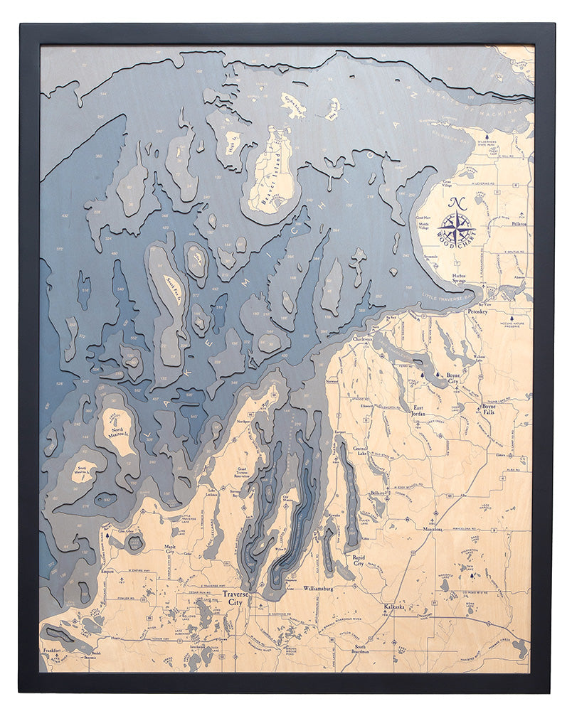 Northwest Michigan UV Nautical Wood Chart, Large, 24.5" x 31"