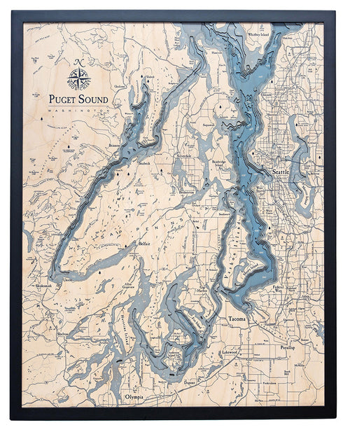 Puget Sound UV Nautical Wood Chart, Large, 24.5" x 31"