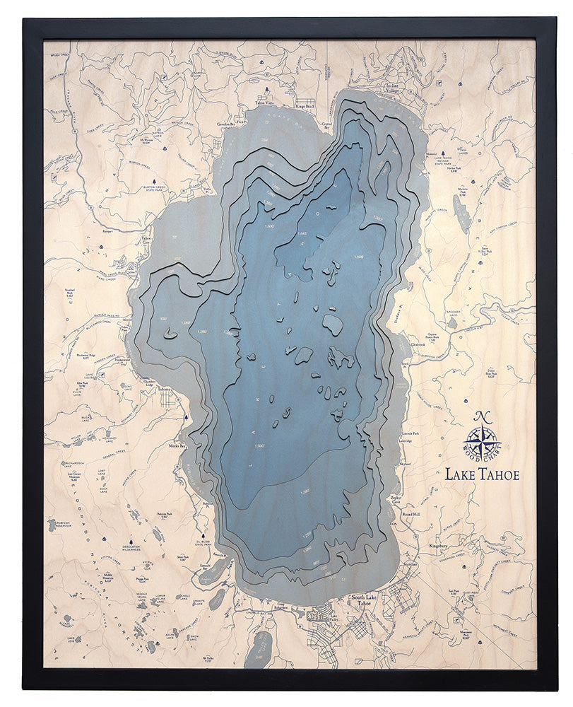 Lake Tahoe UV Nautical Wood Chart, Large, 24.5" x 31"