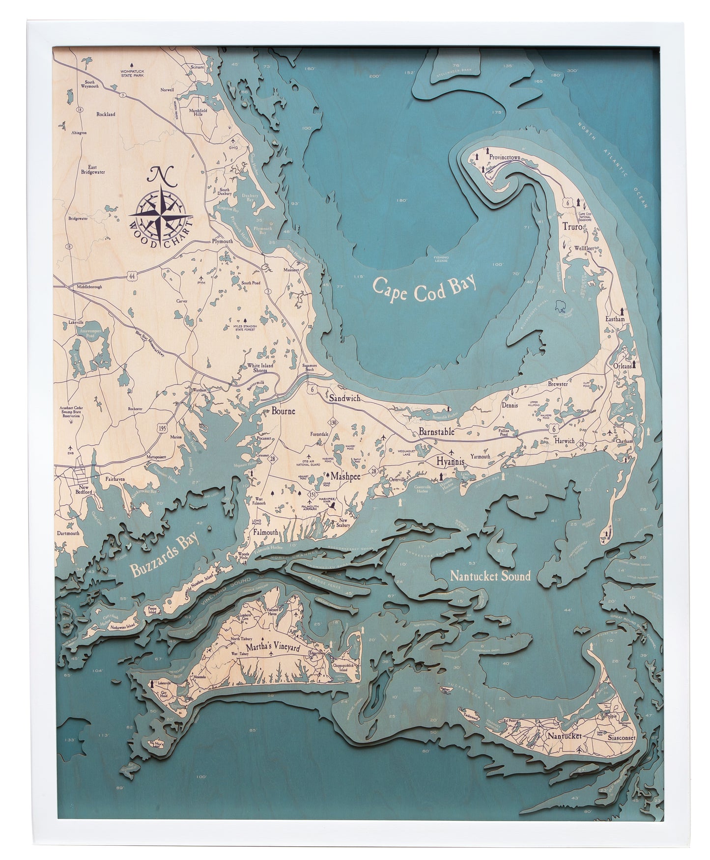 Cape Cod, Massachusetts UV Nautical Wood Chart, Large, 24.5" x 31"