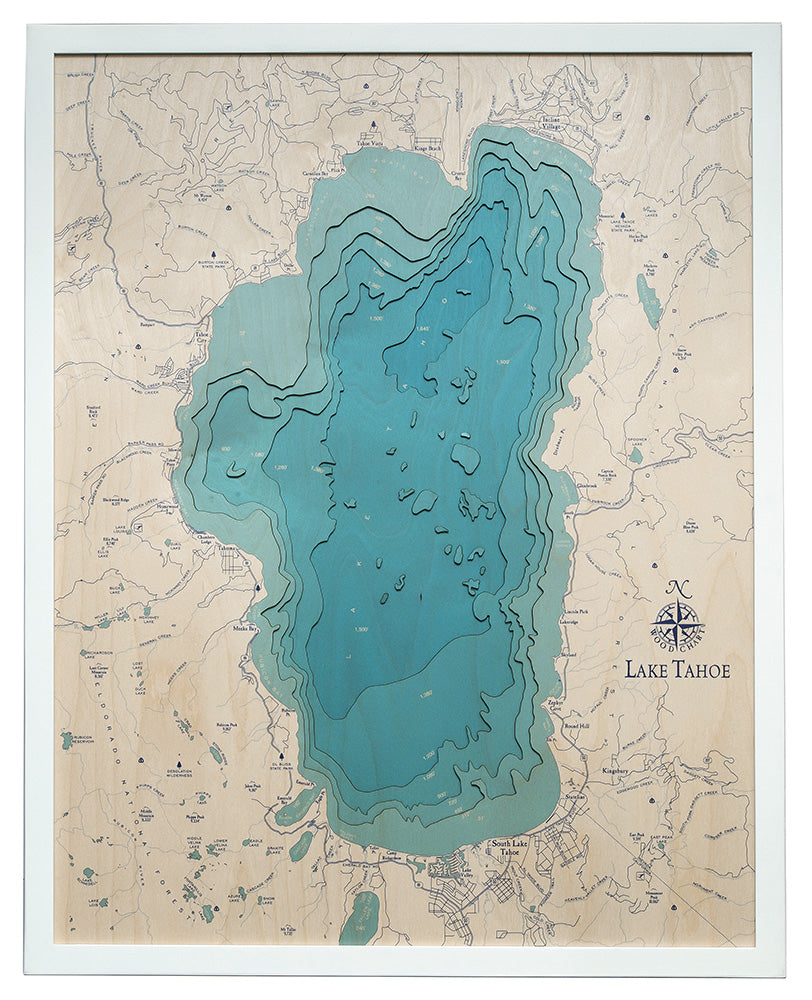 Lake Tahoe UV Nautical Wood Chart, Large, 24.5" x 31"