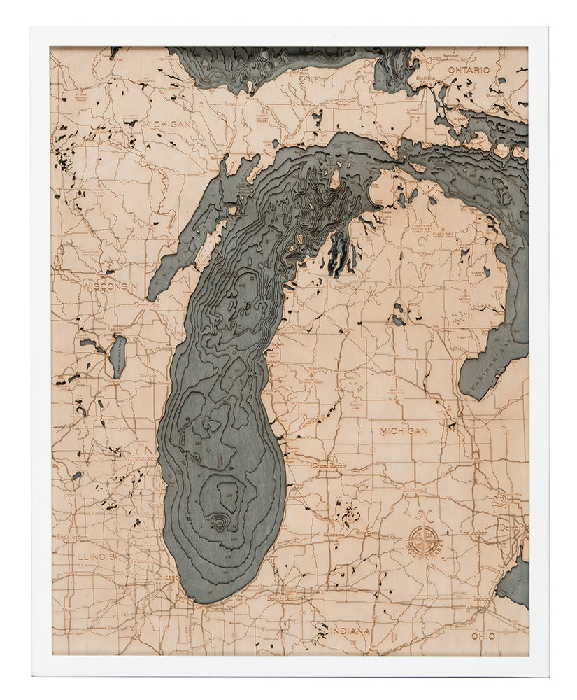 Lake Michigan 3-D Nautical Wood Chart, Large, 24.5" x 31"