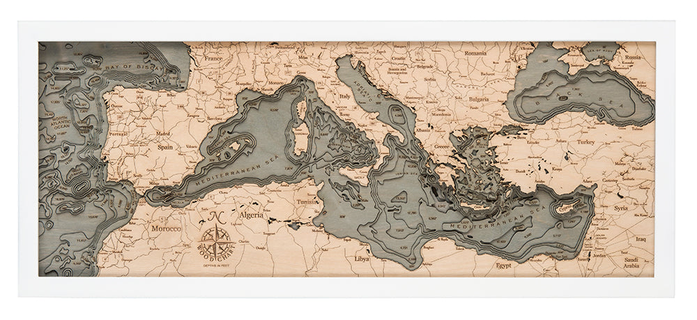 Mediterranean Sea 3-D Nautical Wood Chart, Medium, 13.5" x 31"