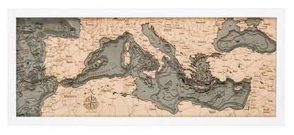 Mediterranean Sea 3-D Nautical Wood Chart, Medium, 13.5" x 31"