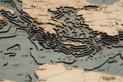 Mediterranean Sea 3-D Nautical Wood Chart, Medium, 13.5" x 31"