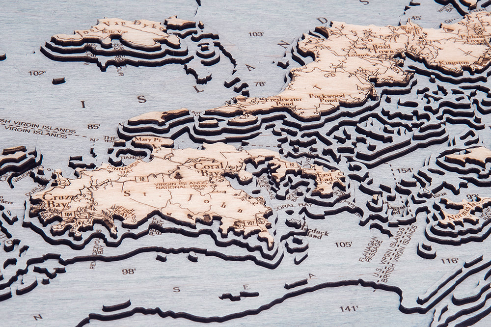 British & US Virgin Islands 3-D Nautical Wood Chart, Medium, 13.5" x 31"