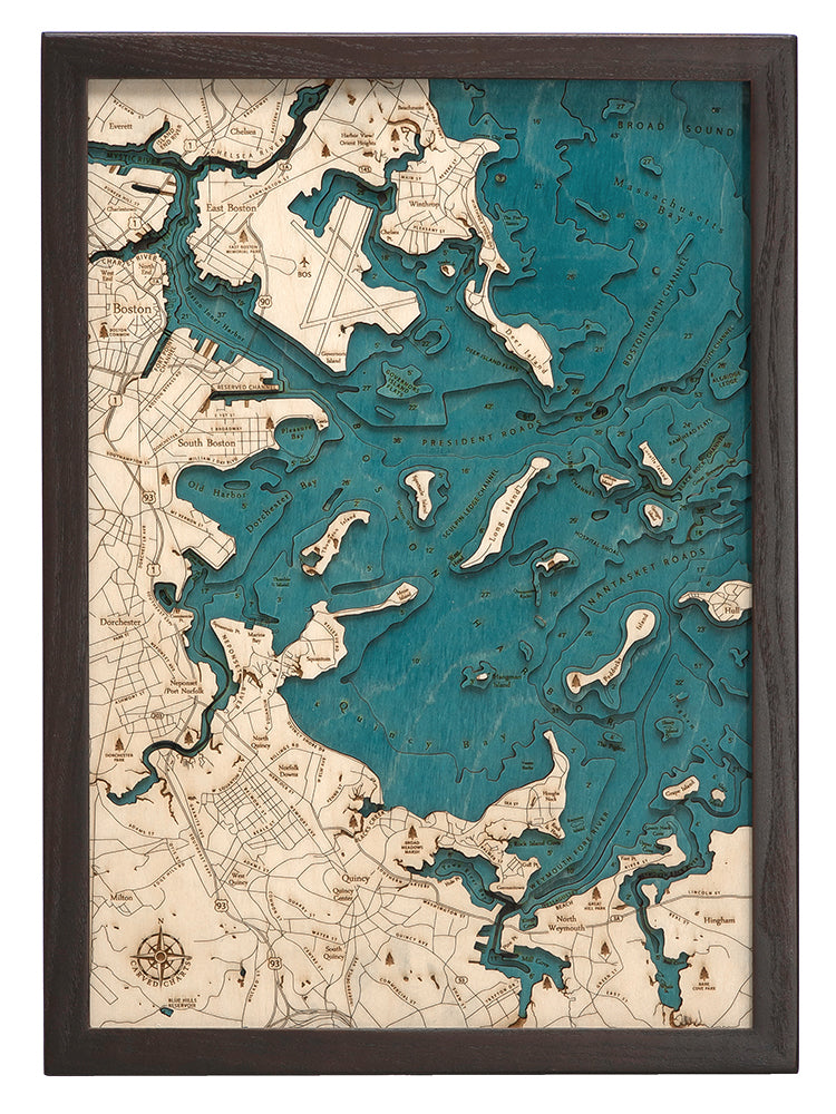 Boston Harbor 3-D Nautical Wood Chart, Small, 12" x 16"