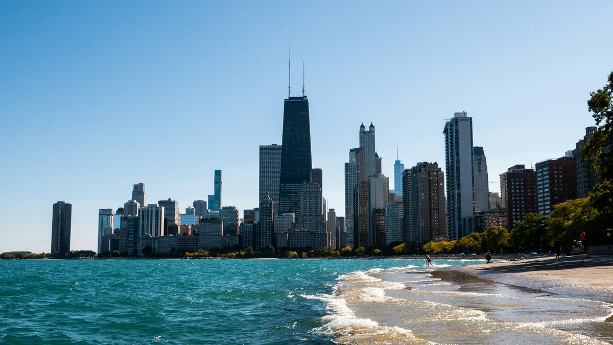 The Chicago skyline seen across Lake Michigan from the lakefront