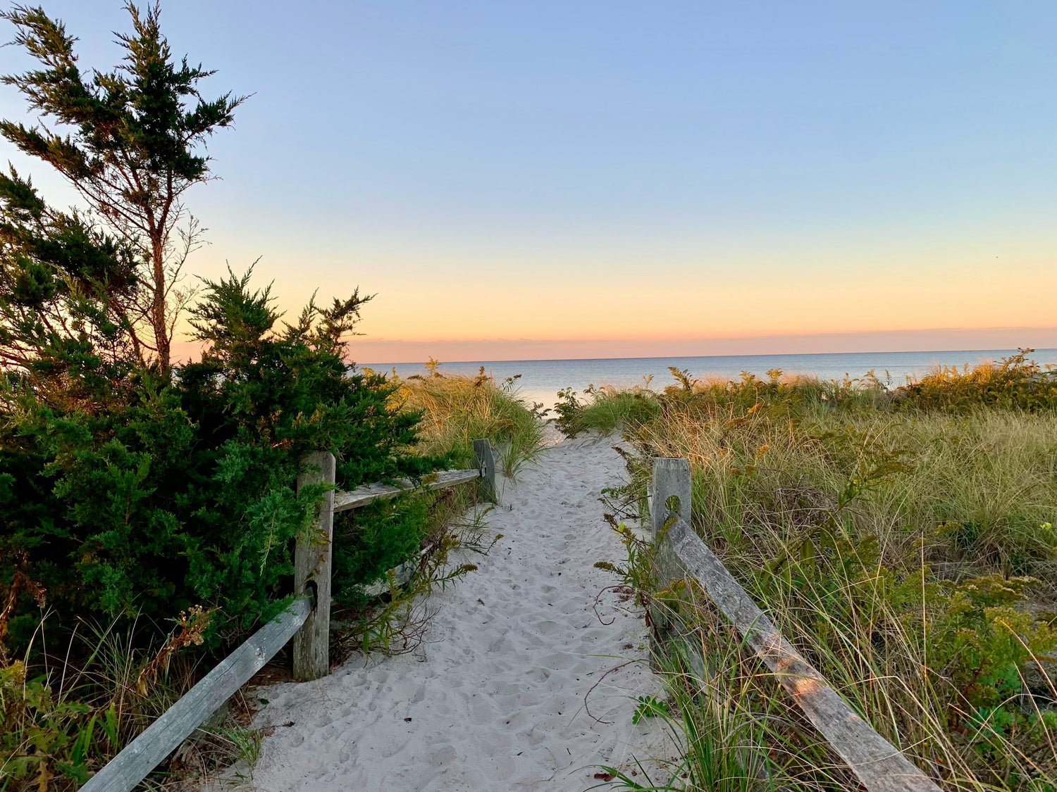 A sandy path through dune grass leading to the beach on Cape Cod at sunset
