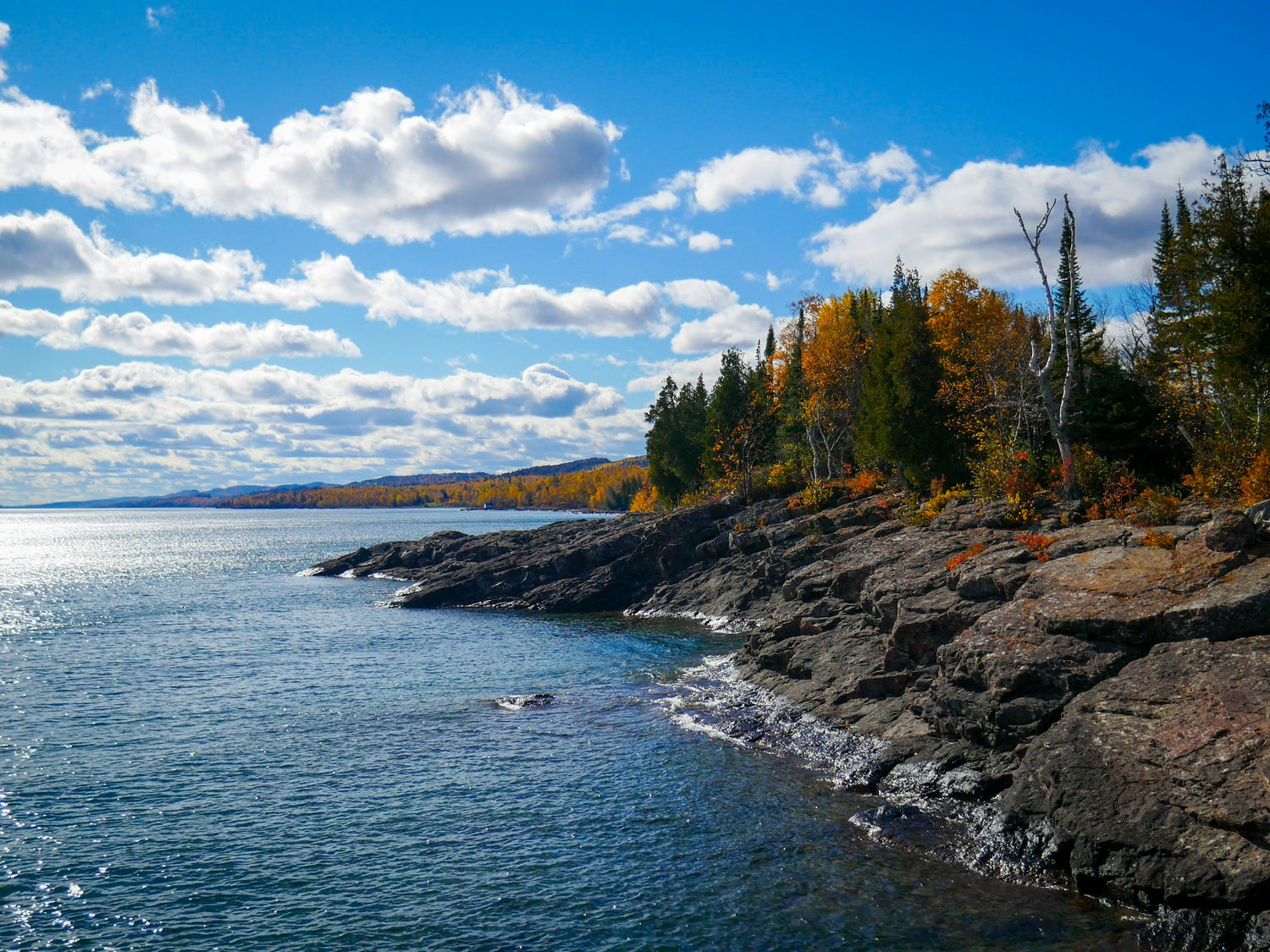 Rocky Lake Superior shoreline with autumn birches on Minnesota's North Shore