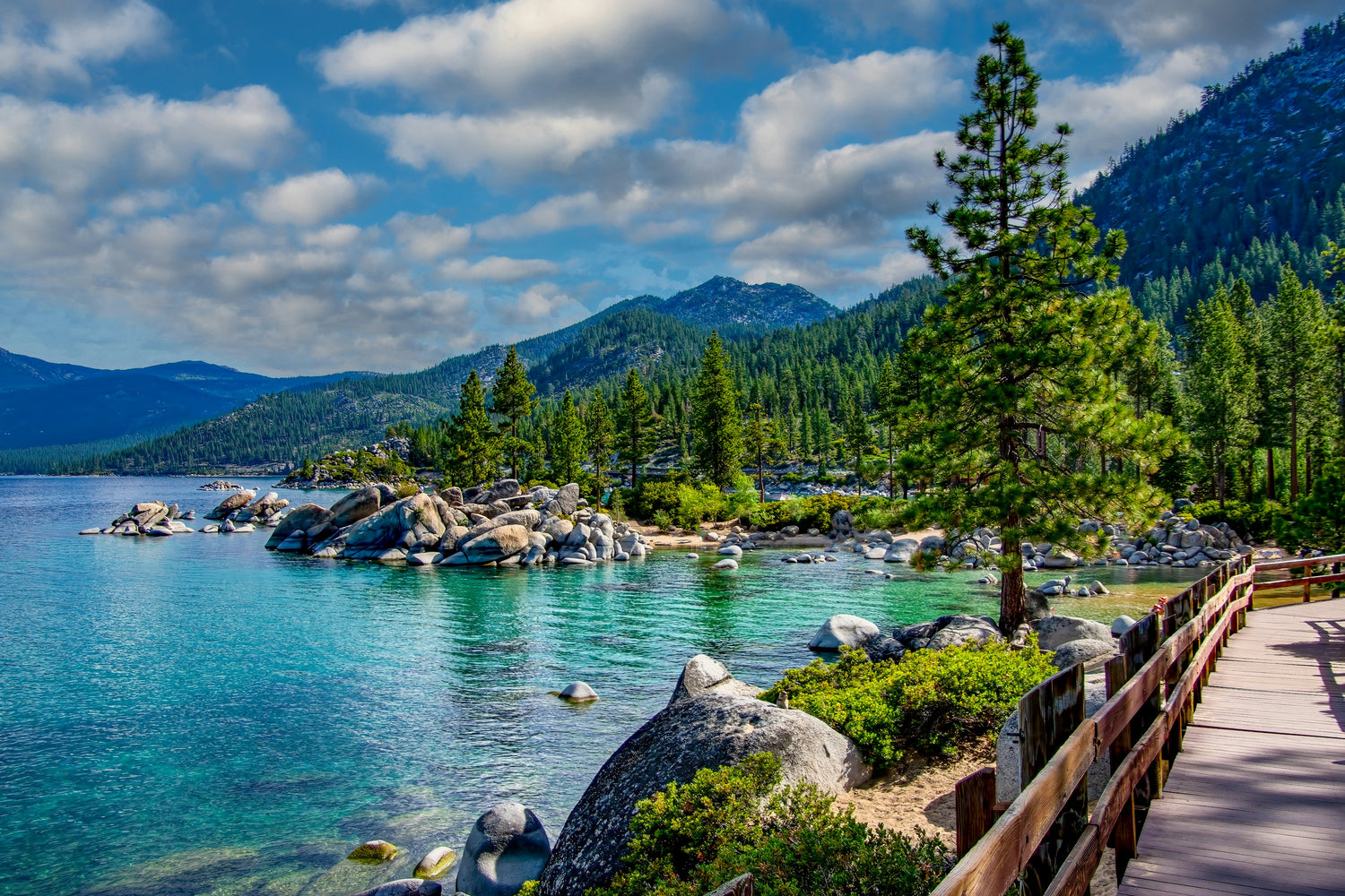Granite boulders and clear blue water at Sand Harbor on the Nevada shore of Lake Tahoe
