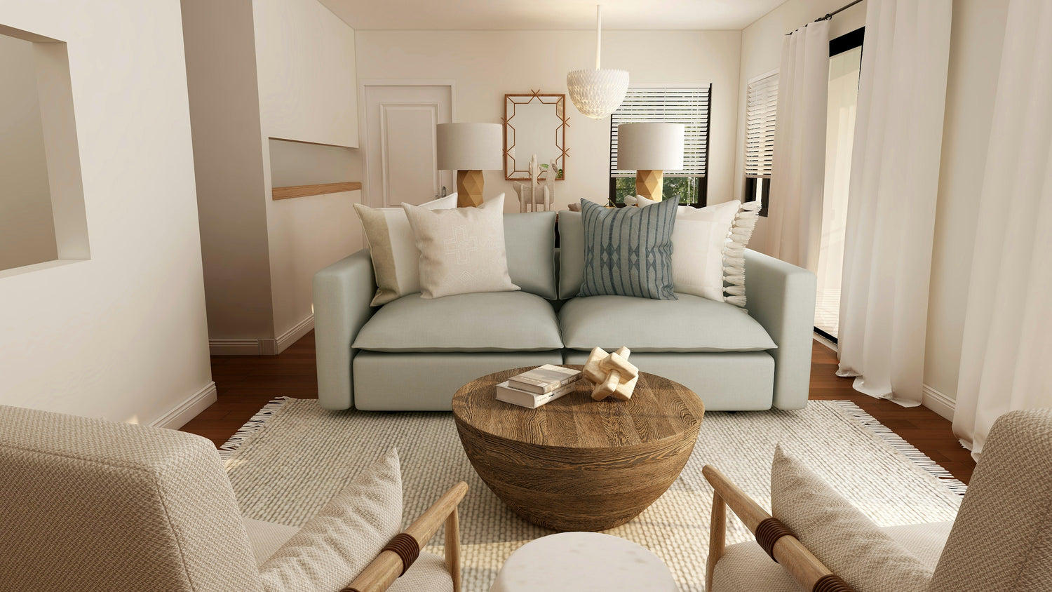 A bright living room with a pale sofa dressed in throw pillows