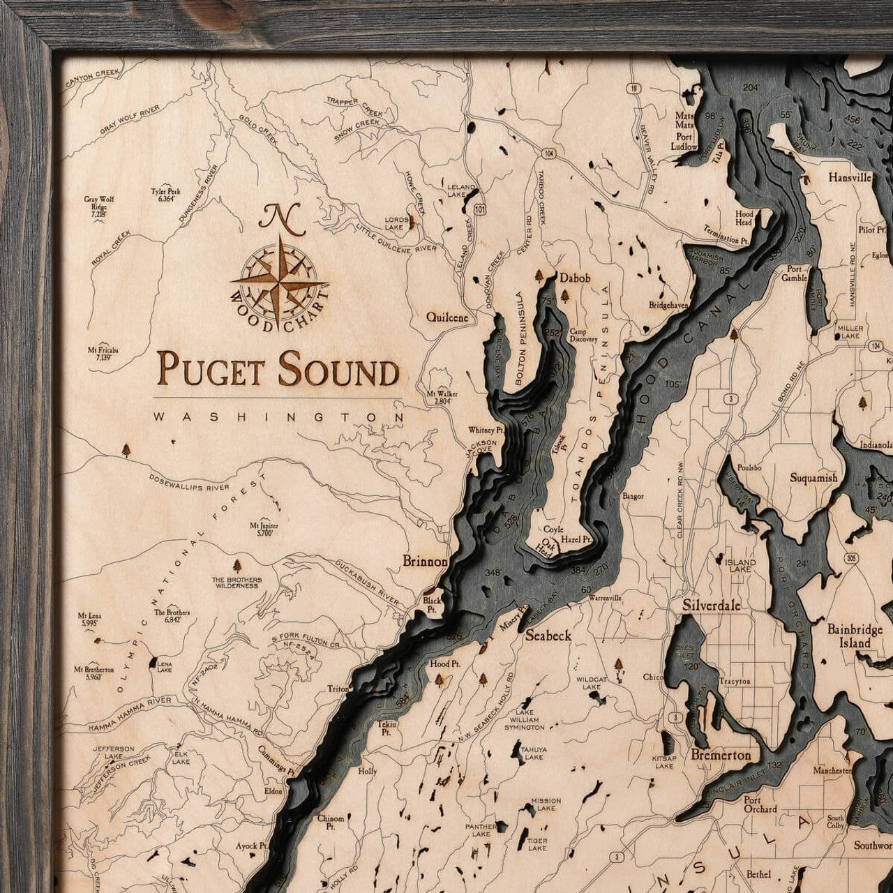 Puget Sound, Washington 3-D Nautical Wood Chart, Large, 24.5" x 31"