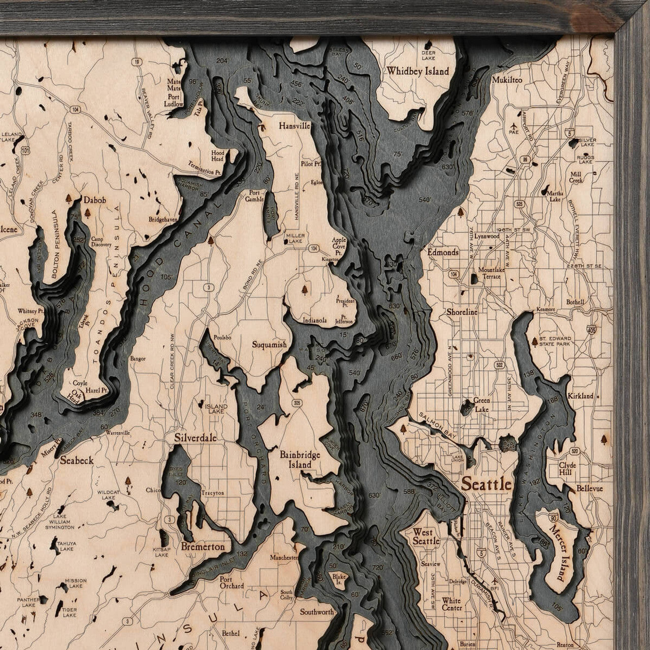 Puget Sound, Washington 3-D Nautical Wood Chart, Large, 24.5" x 31"