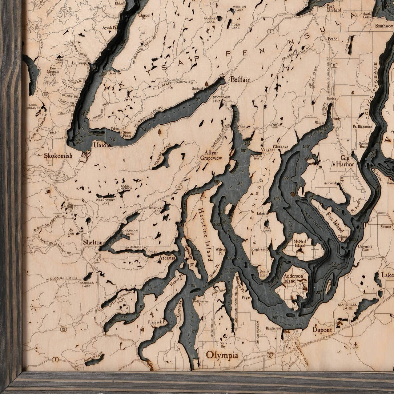 Puget Sound, Washington 3-D Nautical Wood Chart, Large, 24.5" x 31"