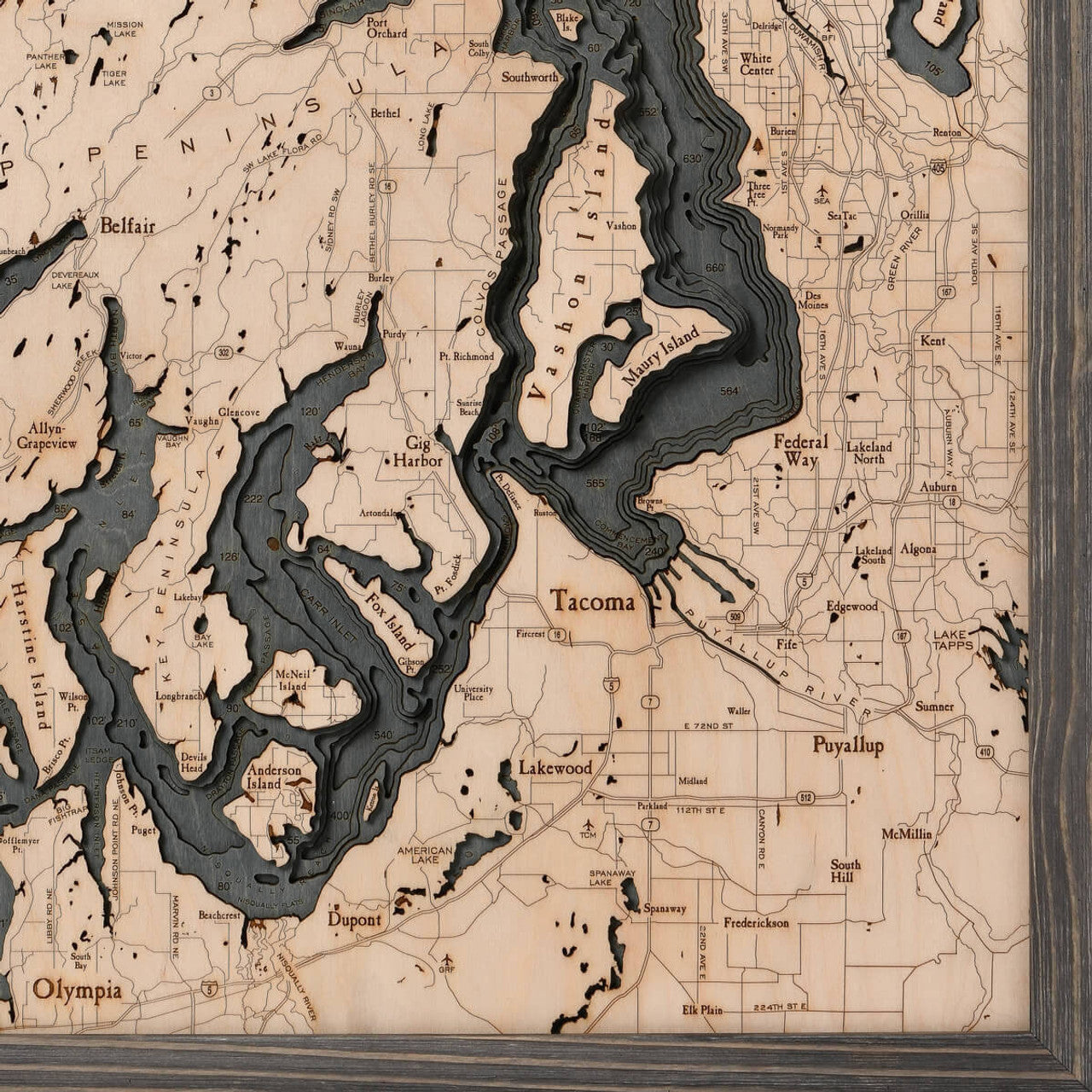Puget Sound, Washington 3-D Nautical Wood Chart, Large, 24.5" x 31"