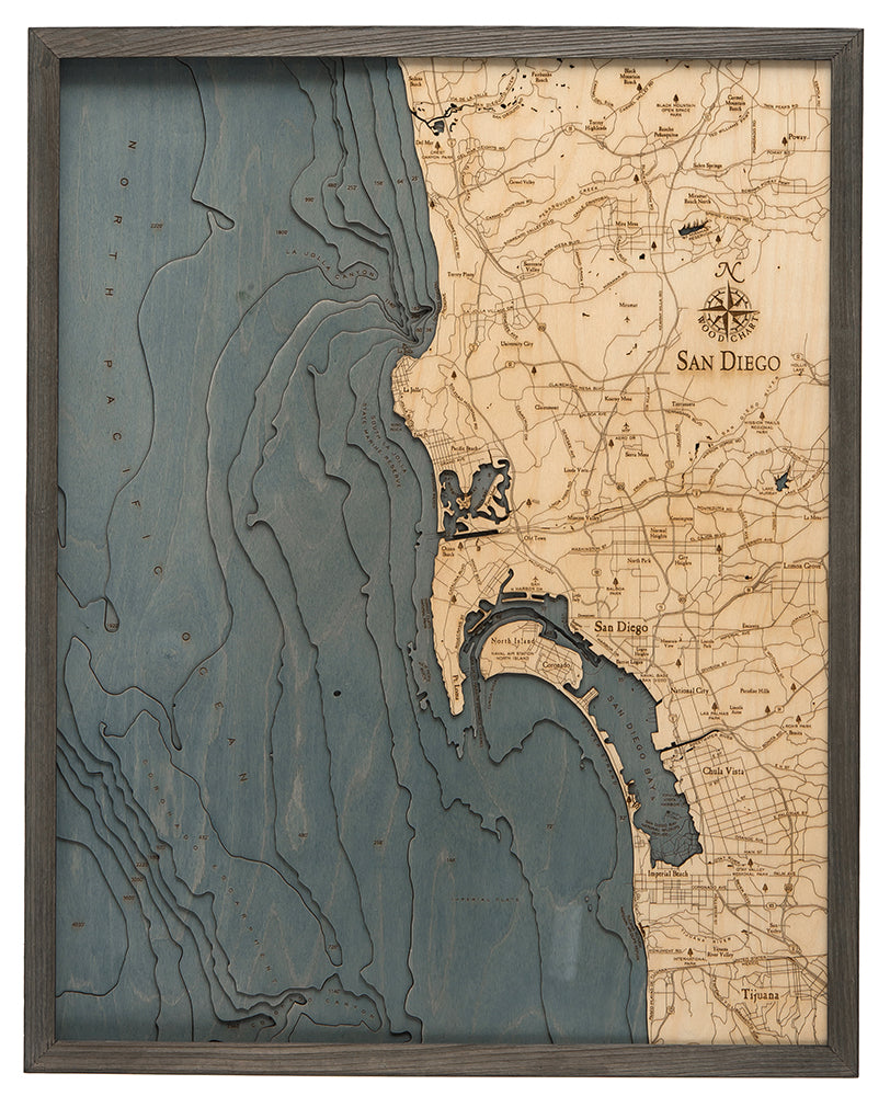 San Diego, California 3-D Nautical Wood Chart, Large, 24.5