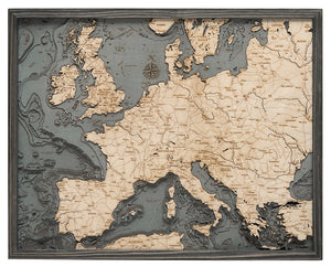 Map of Western Europe 3-D Nautical Wood Chart in Grey Frame